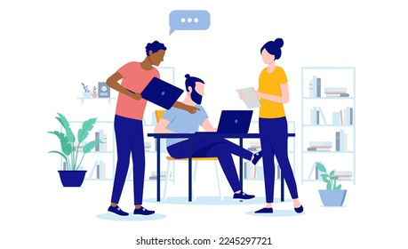 People working in office talking and having discussion about work. Flat design vector illustration with white background