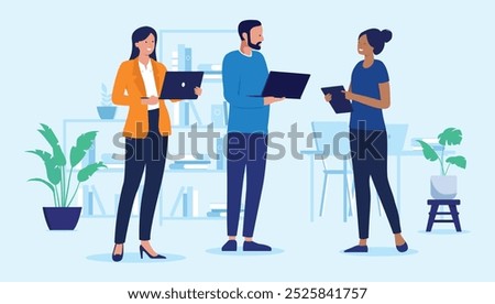People working in office - Three people characters at office work standing holding computers talking, smiling and discussing together as a team. Flat design vector illustration