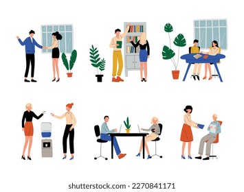 People working in office together set. Business team working on project, brainstorming, communicating cartoon vector illustration