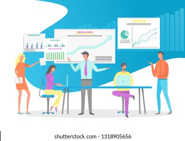 People working in office vector, boss talking to colleagues, meeting of workers. Infocharts and infographics on whiteboard, laptops and computer digital