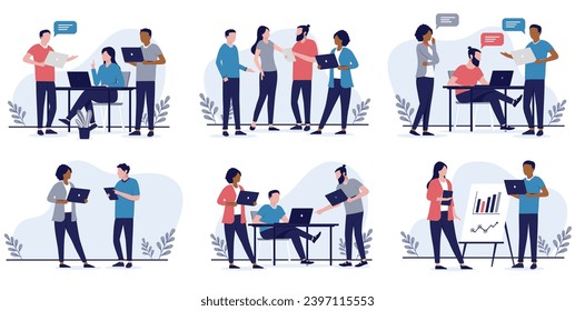 Gente trabajando en la colección de vectores de oficina - Conjunto de ilustraciones de empresarios con ropa informal trabajando con computadoras, hablando y discutiendo juntos. Diseño plano sobre fondo blanco