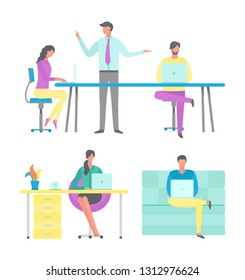 People working in office vector, distant workers at home sitting on sofa with laptops. Woman by desk with computer, boss talking to employee staff