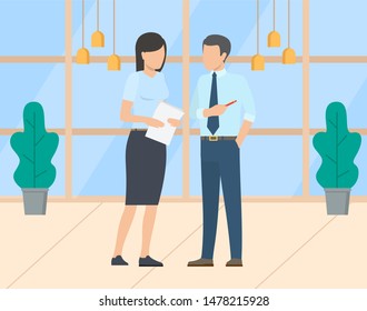 People working in office vector, man and woman analyzing info on paper. Boss and secretary helping with problems, employee and employer at workplace. Business team in modern office with big windows