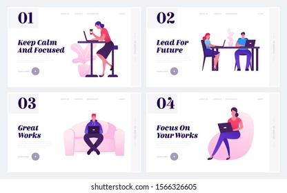 People Working in Office Website Landing Page Set. Creative Employees or Freelancers Work on Laptops Sitting in Coworking Area. Workflow Process Web Page Banner. Cartoon Flat Vector Illustration