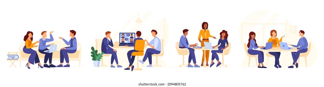 People working in office. Office workers communicating at work. Men and women talking and sitting with laptops and tablet.  Discussing  and brainstorming at work. Vector illustration isolated on white background.