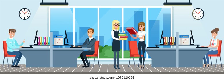 People working in the office, workers sitting at desks working on the computer and documents vector Illustration in flat style
