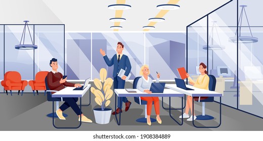 People working in office. Workplace vector illustration. Men and women working with laptops and talking together. Horizontal panorama of workspace.