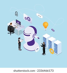 Personas que trabajan en la tecnología de IA con el concepto de imagen vectorial 3d isométrica robot para banner, sitio web, ilustración, página de inicio, volante, etc