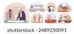 People working on building site set. Constructors assemble houses. Builder and engineer look at draft. Foremen, workers install construction. Flat isolated vector illustrations on white background