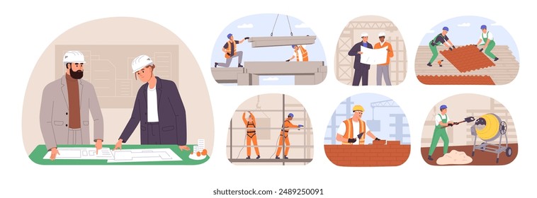 People working on building site set. Constructors assemble houses. Builder and engineer look at draft. Foremen, workers install construction. Flat isolated vector illustrations on white background