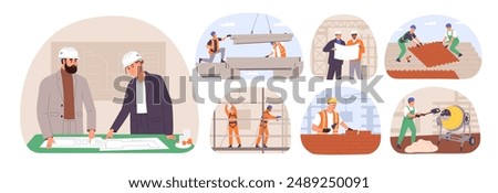 People working on building site set. Constructors assemble houses. Builder and engineer look at draft. Foremen, workers install construction. Flat isolated vector illustrations on white background
