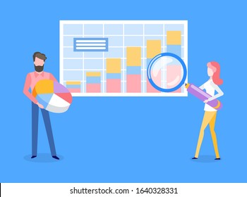 People working on business analysis on data vector. Flowchart on presentation presented by man and woman, male worker holding pie diagram, lady with glass