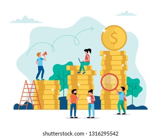 People working on business and career growth. Big golden coins. Characters doing various tasks, teamwork. Vector illustration in flat style