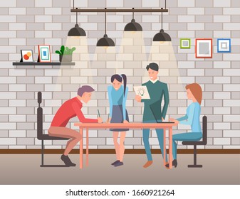 People working on business development, workers on gathering of company. Employees using laptop and modern devices and gadgets. Manager and partners looking at project stats. Vector in flat style