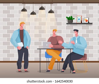 People working on business projects, developers with laptops and ideas talking on increasing company revenues. Programmer with personal computers and papers at job in office. Vector in flat style