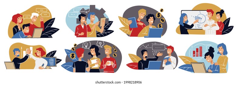 People working on business projects and tasks. Men and women in teams in office sitting by computers, charts and diagrams. Corporations and collaborations of colleagues. Vector in flat style