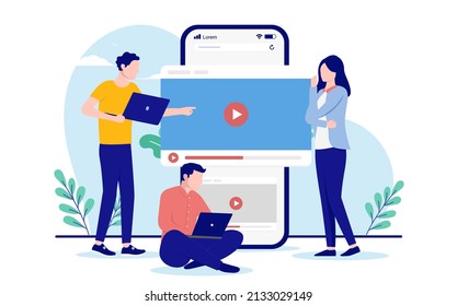 Personas trabajando en contenido de video de negocios - Tres personas en el departamento de marketing trabajando en computadoras con medios sociales y publicidad. Ilustración vectorial de diseño plano con fondo blanco