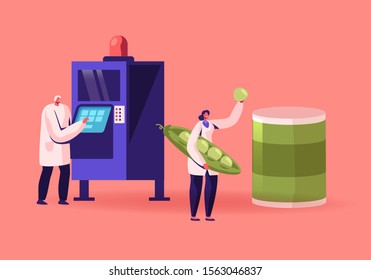 People Working on Canning Factory. Man Worker Stand at Machine Pushing Button Managing Conveyor Belt. Woman Inspecting Peas before Putting to Tin Healthy Food Industry. Flat Vector Illustration