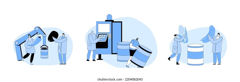 People Working on Canning Factory. Food Industry Workers Stand at Machine Managing Conveyor Belt and Robotics Arm, Inspecting Cucumber or Corn and Put into Tin Can. Cartoon Flat Vector Illustration