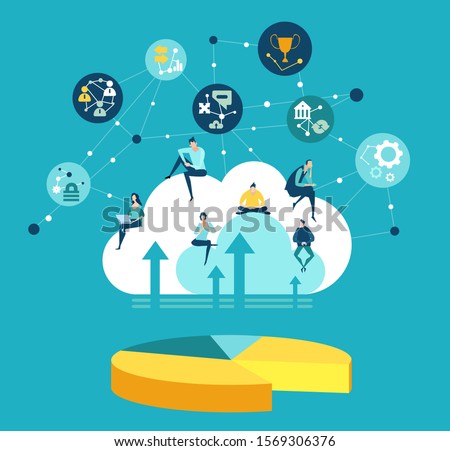 People working on cloud. Big data concept, world wide connections, information accsess. 