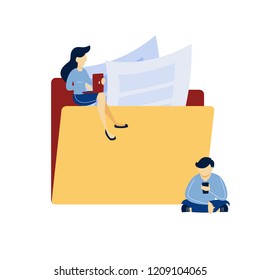 People working on computer at the big yellow folder. Businessman work with document and data. Isolated flat vector illustration