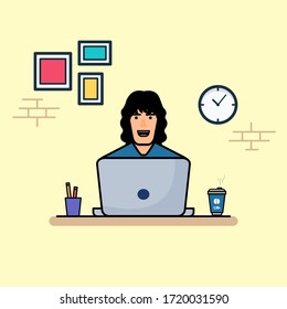 Menschen, die mit Kaffee an Computern arbeiten, Vektorgrafik. Büro.WorkSpace. Flachbildfernseher geeignet für Web-Landing-Page, Banner, Flyer, Aufkleber, Tapete, Karte, Hintergrund