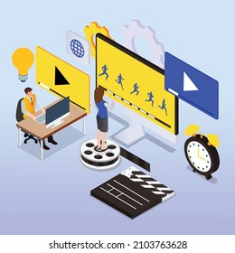 People Working On Computer Creating Animated Video Isometric 3d Vector Concept For Banner, Website, Illustration, Landing Page, Flyer, Etc.