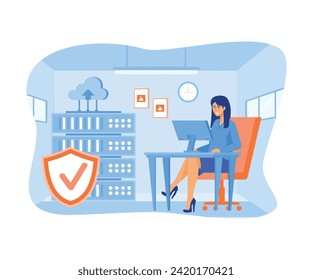 People working on computer and doing technical work with server concept of server maintenance support. flat vector modern illustration 