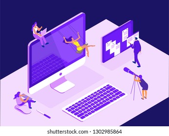 People working on the computer in the evening on a dark background. Isometric 3D vector illustration.