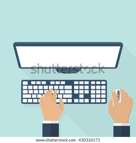 People working on the computer. The hands on the keyboard and mouse. Flat style design, vector illustration. The programmer, blogger, freelancer, designer, office employee.