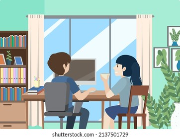 People working on computer at home illustration