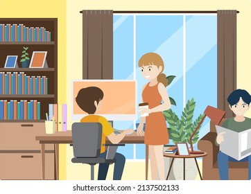 People working on computer at home illustration