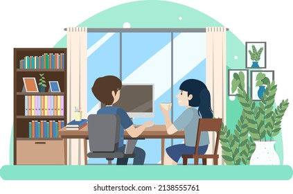 People working on computer at home illustration