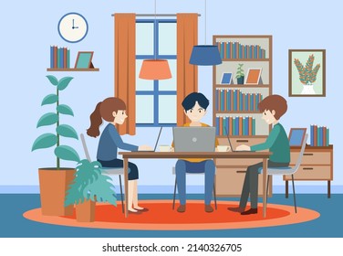 People working on computer at home illustration