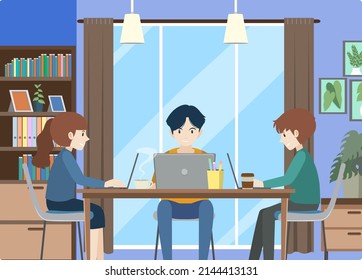 Personas que trabajan en computadoras en ilustraciones domésticas