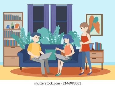 People working on computer at home illustration