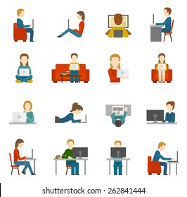 People Working On Computer And Home And In Office Flat Icons Isolated Vector Illustration