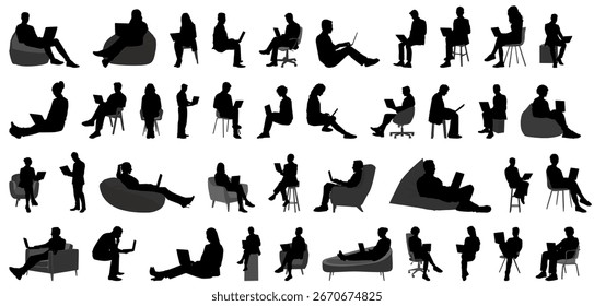 Menschen, die an Computer und Laptop arbeiten. Geschäftsleute und Mitarbeiter arbeiten oder Student studieren mit Laptop-Computer. Silhouette Reihe von Menschen mit Laptop. 