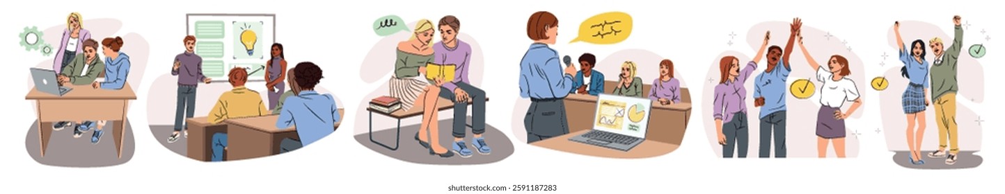 People working on computers, attending meetings, studying, and celebrating success. Flat graphic style on white background. Concept of teamwork and education. Vector illustration