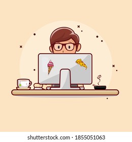 People Working on Computers with Hot Tea Flat Design Vector
