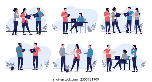 People working on computers illustrations collection - Businesspeople with laptop computers doing work and talking in workplace office setting. Flat design vector stock graphics on white background