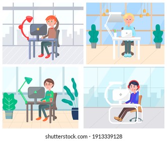 People working on computers and laptops vector, man and woman using devices. Office with plants and decorations. Modern technologies on tables flat style