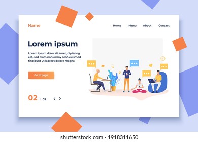 Personas trabajando en computadoras en oficinas modernas. Lugar de trabajo, trabajador, concepto de tecnología. La ilustración vectorial se puede utilizar para temas como negocios, comunicación, espacio de coworking