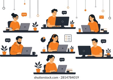 People working on computers in modern office setting with computer, business