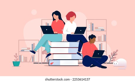 People working on computers - Three students sitting on stack of books doing research and doing work on laptop computer. Flat design vector illustration