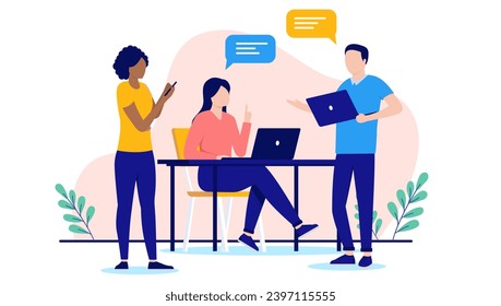 People working on computers - Three businesspeople in casual clothes using laptop, talking and discussing work together. Flat design vector illustration with white background