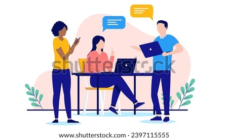 People working on computers - Three businesspeople in casual clothes using laptop, talking and discussing work together. Flat design vector illustration with white background