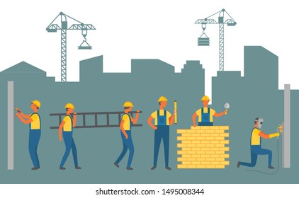 People working on construction of new infrastructure vector, man with ladder. Person building wall with bricks, workman wearing uniform. Crane lifter
