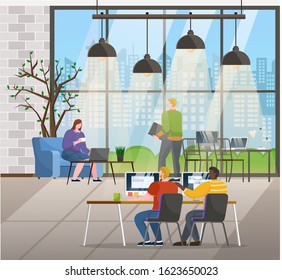 People working on corporation in office, using laptops and innovative technologies at job. Man and woman coworking together. Manager of company supervising employees vector in flat illustration