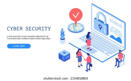 People are working on Cyber Security. Web banner, infographics. Isometric vector illustration.